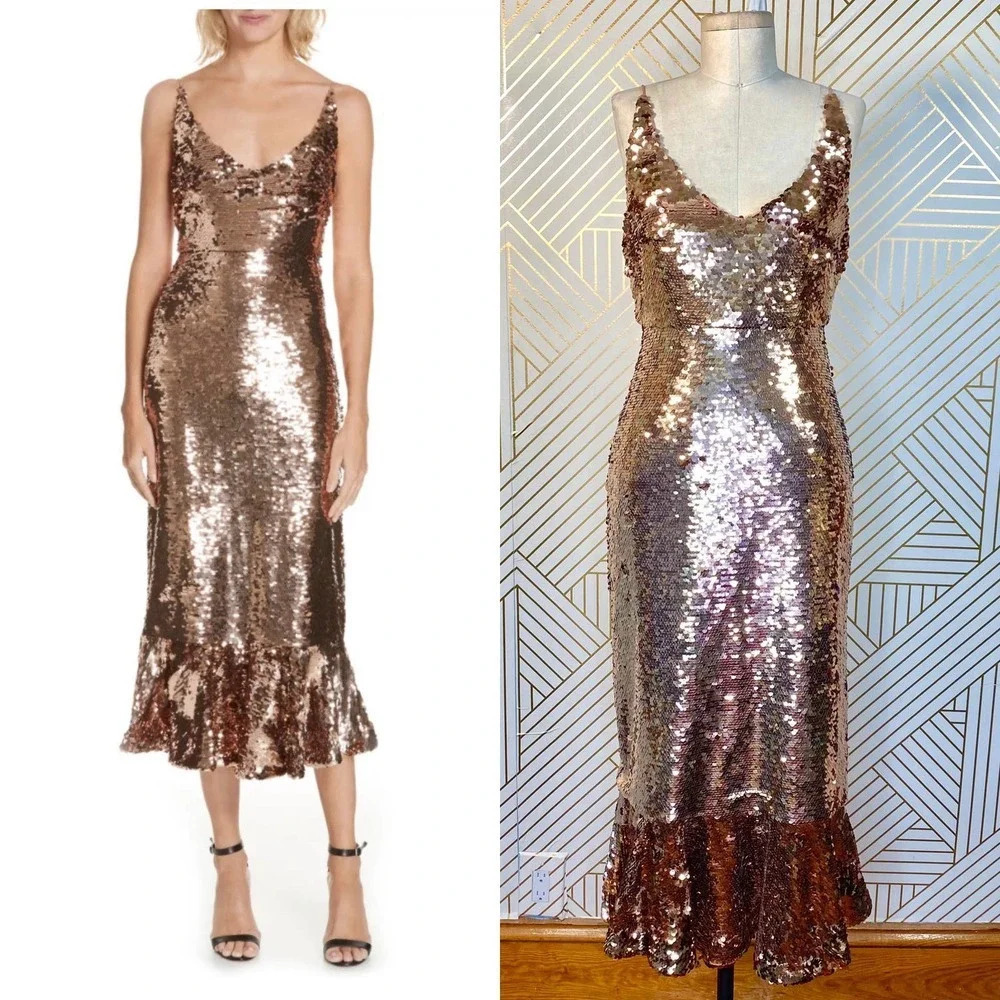 Saloni Aidan Sequin Ruffle Hem Midi Dress Bronze